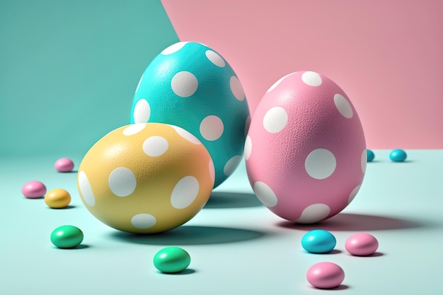 Trendy colorful Easter eggs pink yellow blue Easter decoration Generative AI