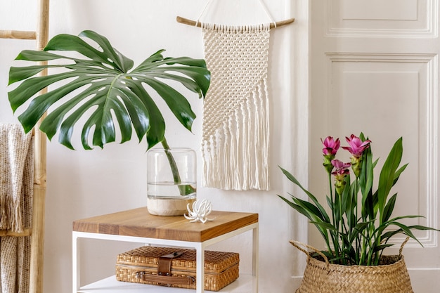 Trendy composition of home garden interior with wooden coffeee table, plants and flowers, ladder, rattan decoration, macrame, personal accessories, white wall in stylish home decor.