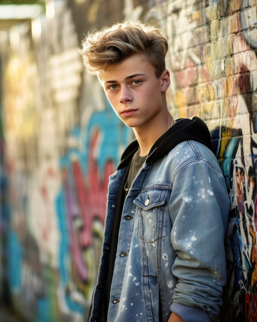 Trendy and cool teenager in denim jacket and jeans standing in front of graffiti wall