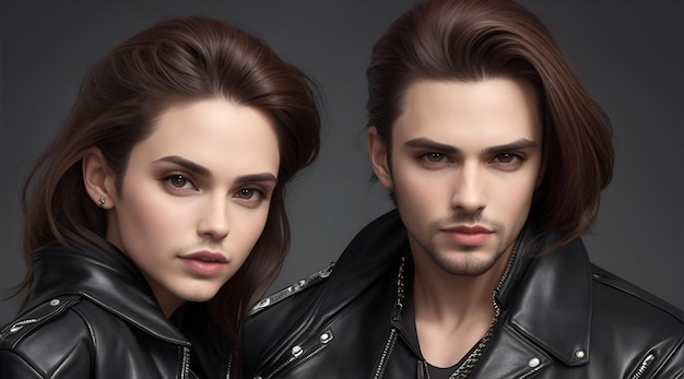 trendy couple in leather jackets looking at camera while posing AI Generative