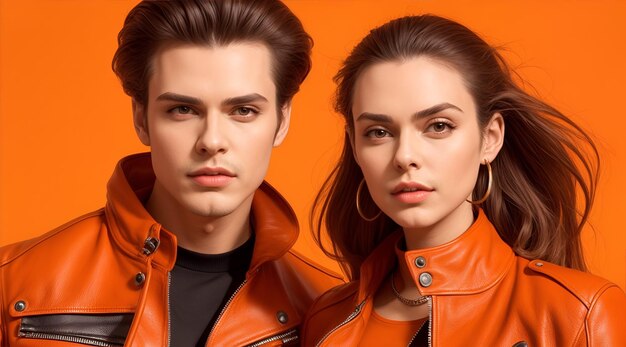 trendy couple in leather jackets looking at camera while posing isolated on orange AI Generative