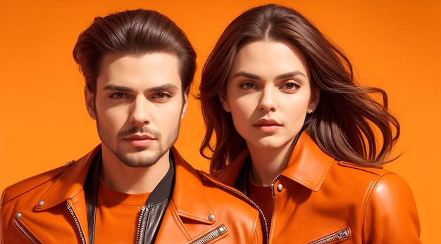 trendy couple in leather jackets looking at camera while posing isolated on orange AI Generative