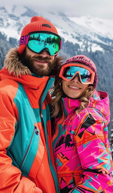 A trendy couple poses in vibrant ski wear against a picturesque snowy mountain landscape