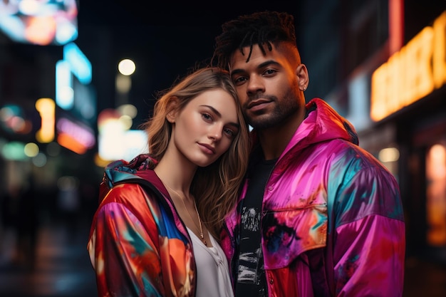 Trendy couple stands out against the vibrant city lights in fashionable attire valentine dating and love proposal image