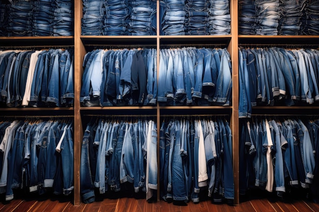 Trendy Denim Jeans In Various Cuts And Washes Organized In Closet Generative AI