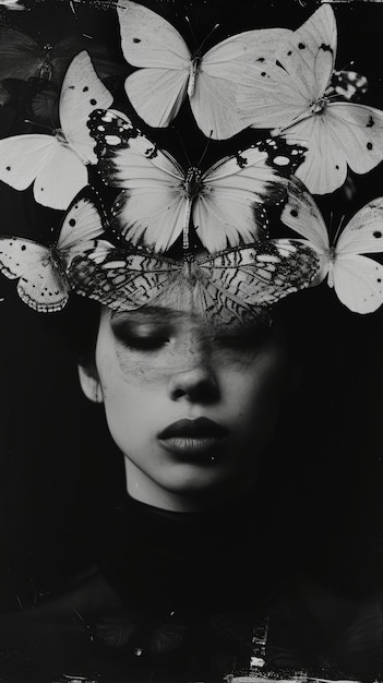 머리와 얼굴에 나비가 있는 여성이 그려진 트렌디한 패션 잡지 표지