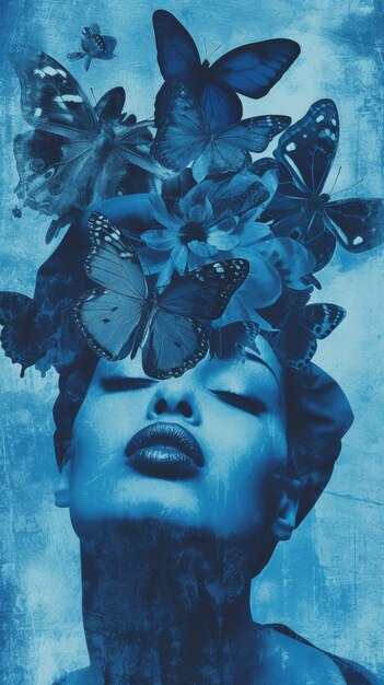 Photo trendy fashion magazine cover with woman with butterflies on head and face modern art generative ai