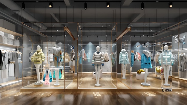 Trendy Fashion Retail Store Interieur met mannequins en stijlvolle kleding Moderne winkelontwerp ideaal voor marketing AI