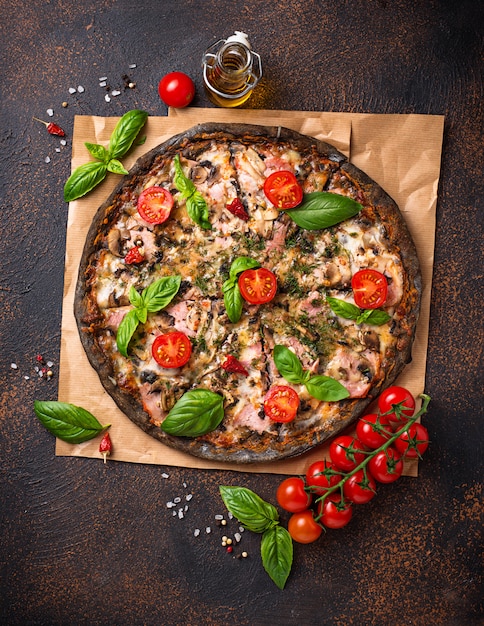 Trendy food Italian black pizza 