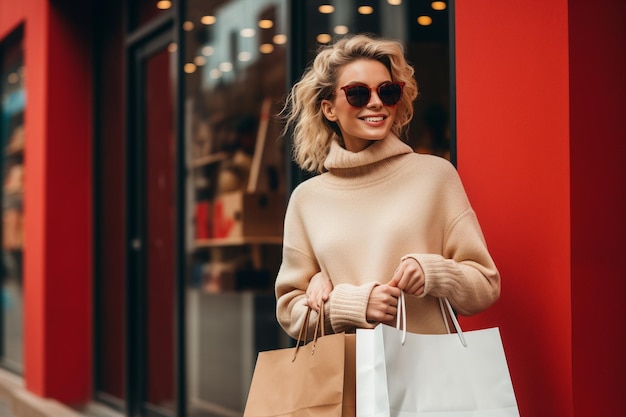 Trendy geklede vrouw met papieren boodschappentas