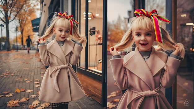 Photo trendy girl with colorful ribbon in blonde hair playfully posing in cold autumn day standing near s