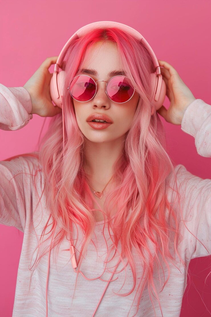 Photo trendy girl with pink hair wearing sunglasses enjoys