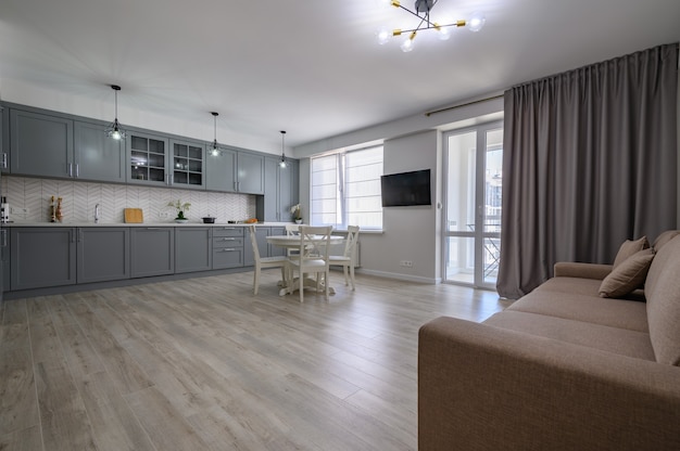 Trendy grey and white modern kitchen furniture in studio apartment