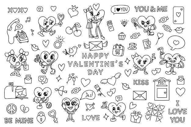 Модный заводной набор наклеек ко Дню святого Валентина, ретро-день Святого Валентина, эстетика винтажного комикса, вектор
