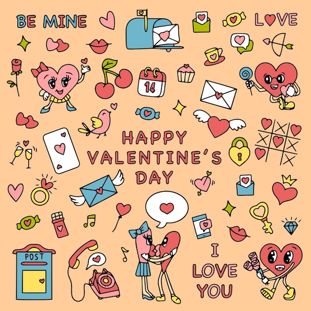 Trendy groovy valentines day sticker set retro valentines day s s aesthetics vintage comic vector