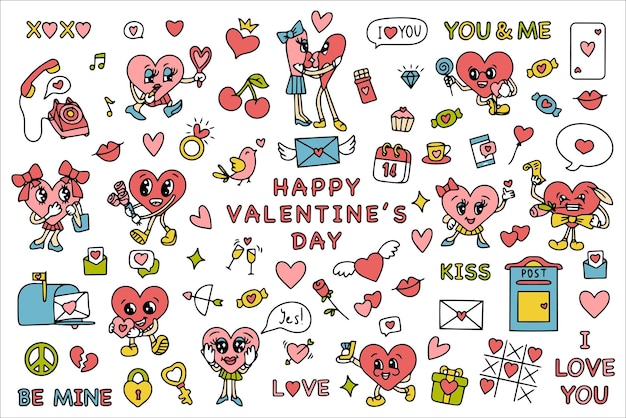 Trendy groovy valentines day sticker set retro valentines day s s aesthetics vintage comic vector