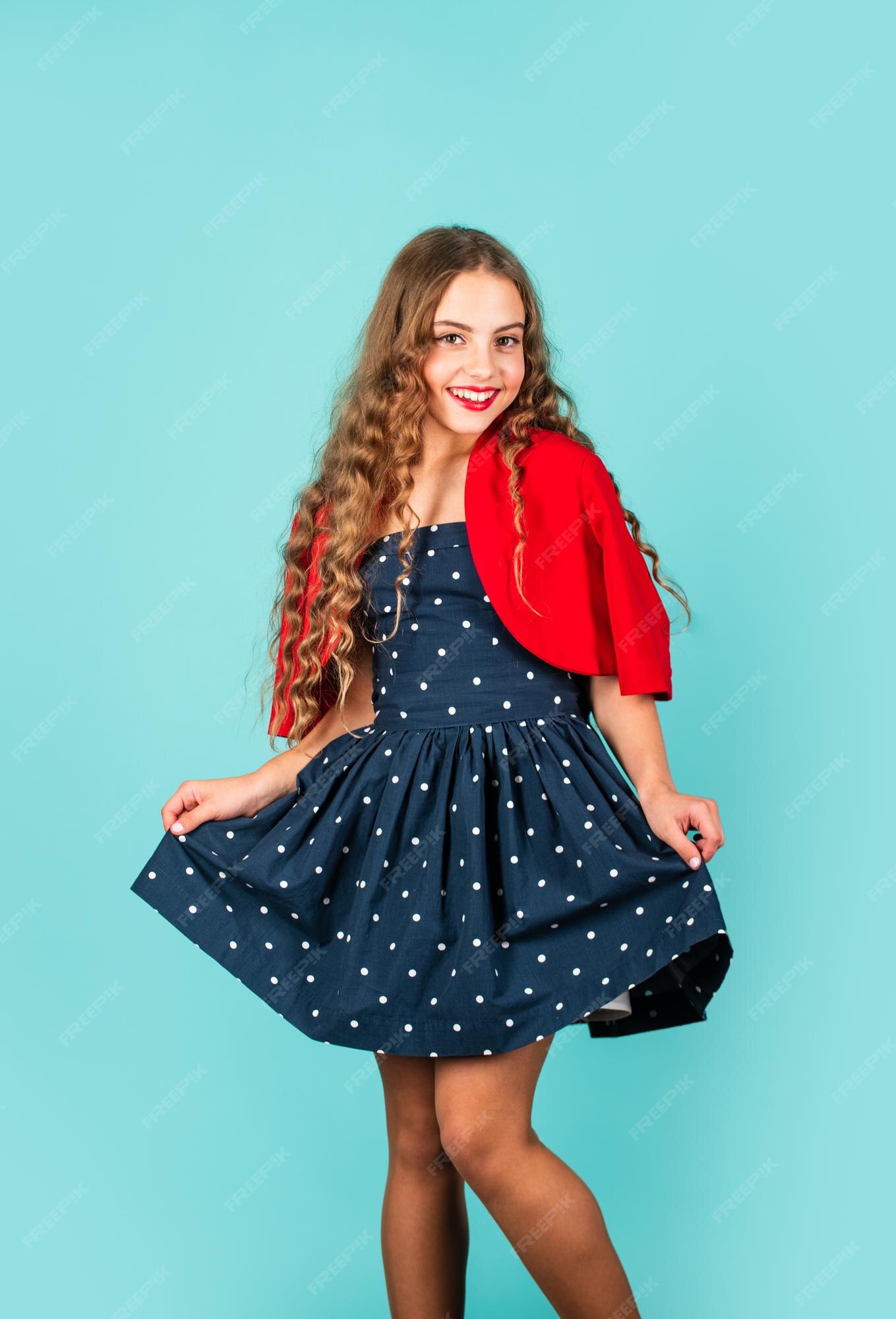Premium Photo | Trendy haircuts vintage fashion for children pretty child  long curly hair small girl makeup beauty in dress lady in pinup style  glamour lifestyle small girl formal outfit elegant retro