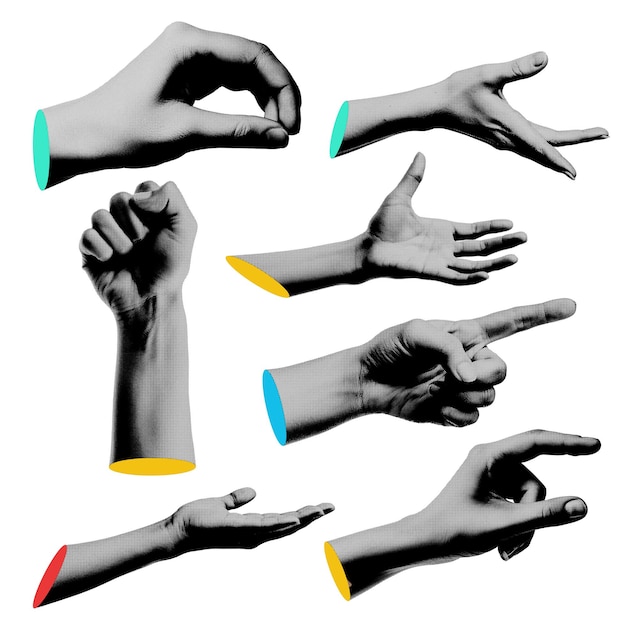 Trendy hand gesture collection abstract cutout hand halftone collage element for design montage