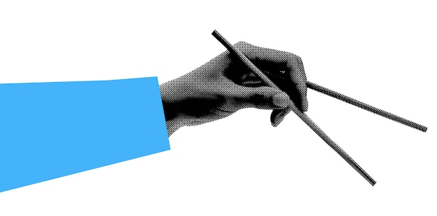 Trendy hand holding chopsticks abstract cutout hand halftone collage element for design montage
