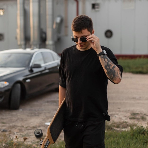 Trendy hipster man model with tattoo in black tshirt and jeans with longboard puts on a fashion sunglasses and walks outdoors Summer weekend