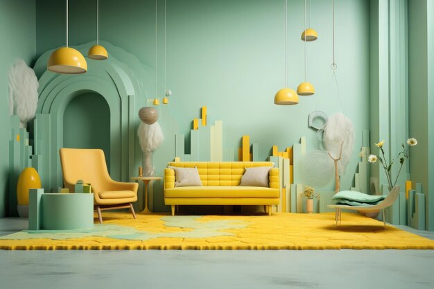 Trendy interieur in zachte overgangen tussen gele en mintgroene kleuren