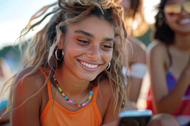 Trendy jonge vrouw glimlacht naar mobiele telefoon buiten op het strand Generatieve AI