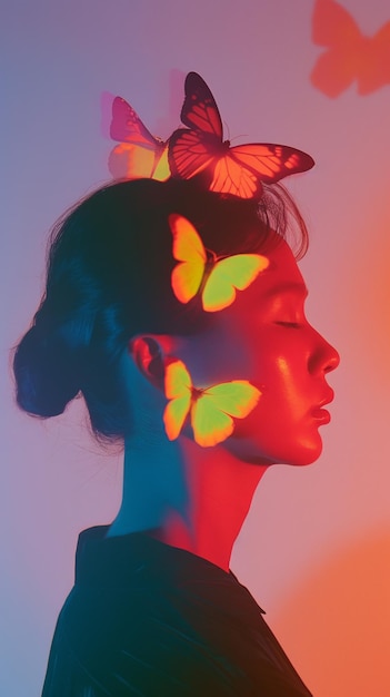 머리와 얼굴에 나비가 있는 여성이 그려진 트렌디한 잡지 표지, 팝 아트 스타일, 생성 AI