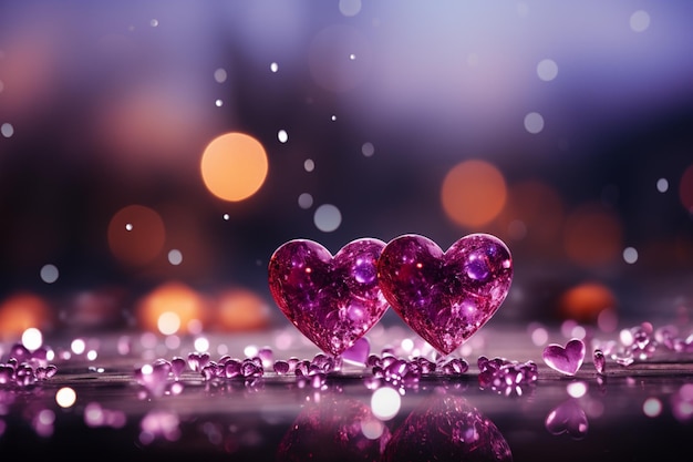 Trendy magenta canvas features hearts and sparkling bokeh in panoramic Valentines scene