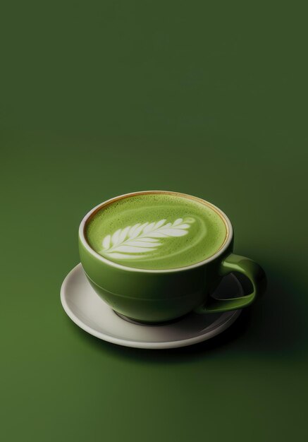 Foto matcha latte alla moda con schiuma di latte in tazza su sfondo verde intenso studio shot copia spazio