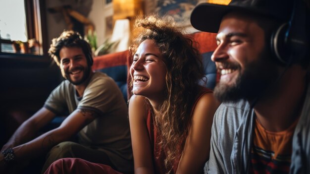 Trendy Millennial Friends Having Fun in Dorm Living Room Happy Young People Enjoying Time Together Playing Music and Drinking Shots