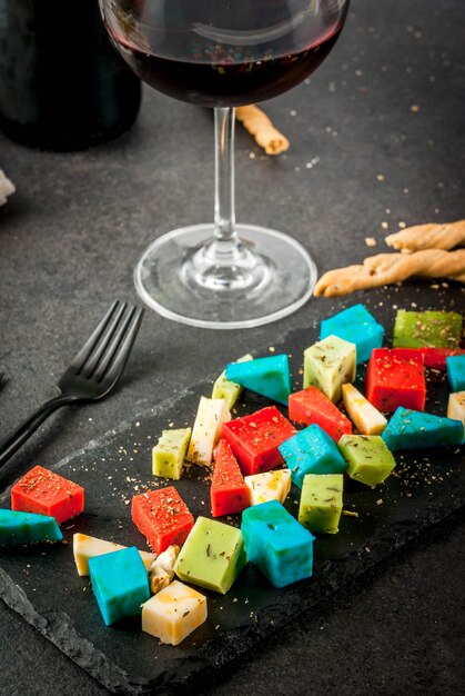 Trendy modern eten. Veelkleurige biologische Hollandse kaas - blauw (lavendel), rood (hete peper), groen (basilicum), klassieke gele kaas. Met broodstengels, wijnglas, zwarte tafel. copyspace