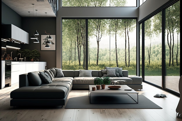 A trendy modern living room with a background of nature The rooms have wooden