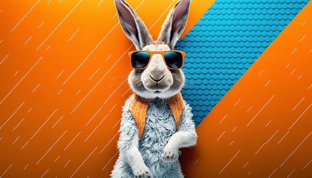 Trendy modern rabbit with glasses on orange background Generative AI