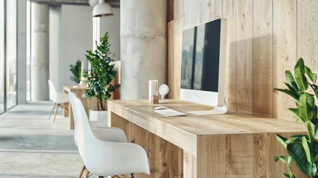 Trendy Modern Workspace Stylish Desk Setup in a Bright Office Interior with City Views