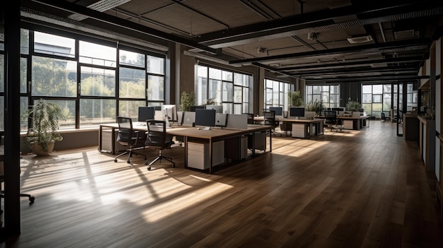 Foto trendy moderne open concept loft-kantoorruimte met grote ramen, natuurlijk licht en een lay-out om te stimuleren