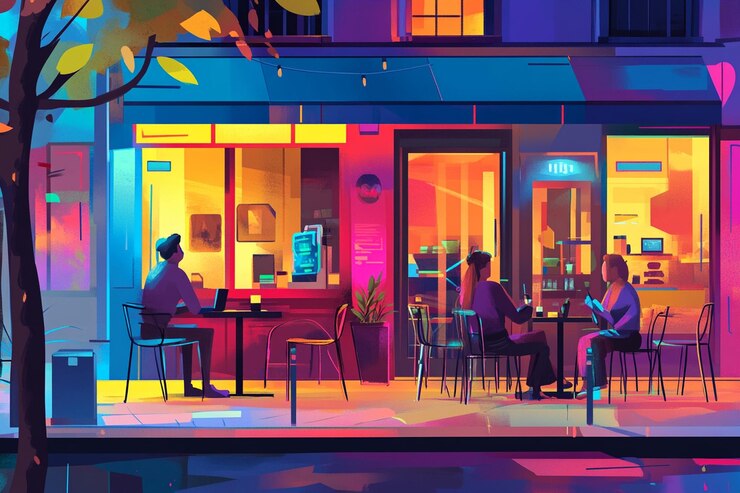 Photo trendy outdoor cafes a cartoon image of gadgets pa generative ai