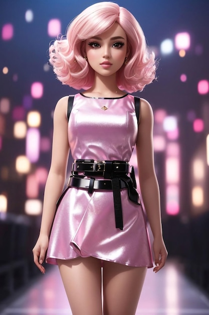 Trendy Outfit Dazzling Barbie With Shiny Pink Belt With Black Mini Dress