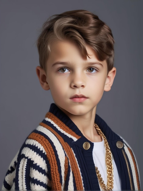 Trendy outfit and hairstyle for child fashion model