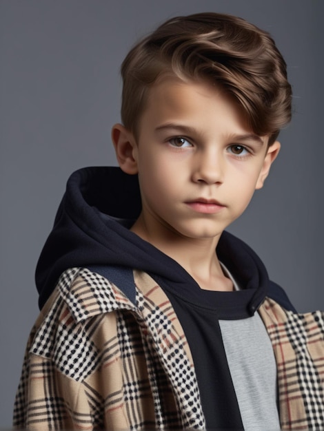 Trendy outfit and hairstyle for child fashion model