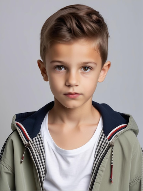 Trendy outfit and hairstyle for child fashion model