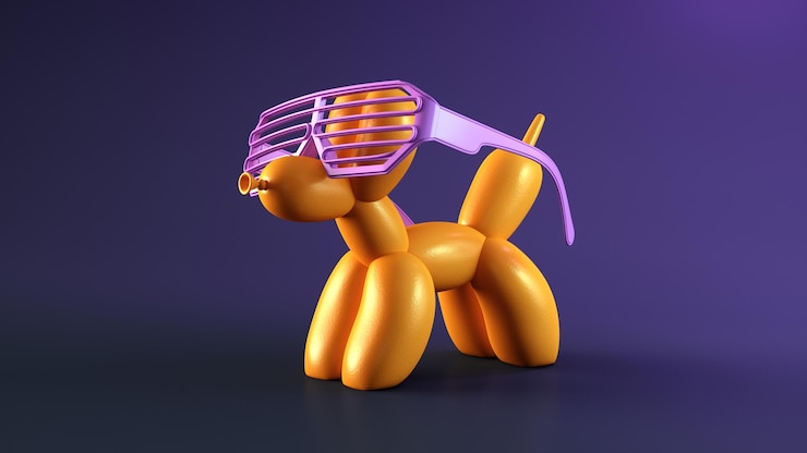 Foto trendy paarse sluiter schaduw zonnebril op een oranje hond ballon op een donkere paarse studio achtergrond