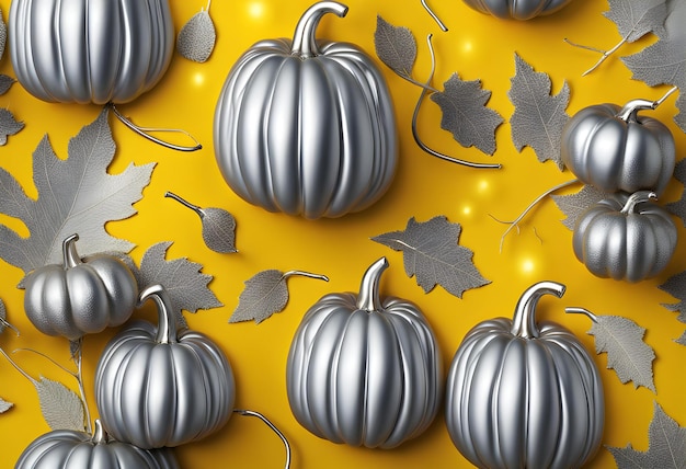 Trendy pattern with silver pumpkin on bright yellow