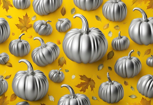 Trendy pattern with silver pumpkin on bright yellow