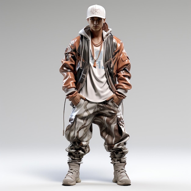 A trendy play character model dressed in hiphop fashion