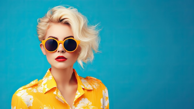 Trendy portrait of a chic blond woman with sunglasses on a colorful studio backdrop Space for text