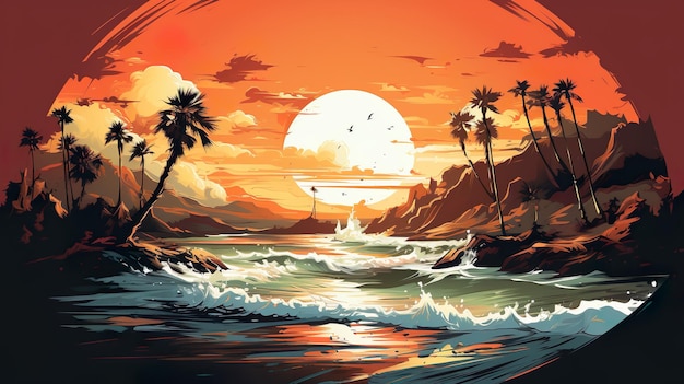 트렌디한 복고풍 서퍼 다채로운 파도와 선셋 비치 장면 클래식 서핑 문화를 위한 빈티지 만화