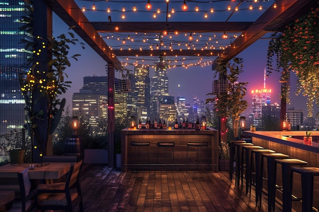 Photo a trendy rooftop bar with skyline views and craft