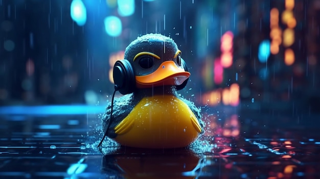 Trendy rubber duck with neon color photography image ai generated art