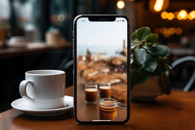 Trendy smartphone mockup in a stylish coffee shop showcasing the versatility of mobile devices