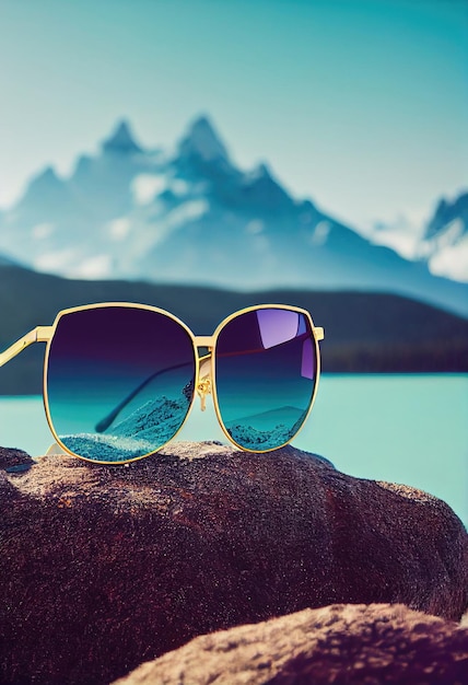 Trendy still life sunglasses Stylish sunglasses on rocks against a mountain backdrop